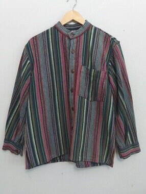 Ganesh Himal Striped Heavy Blanket Weave Button Down Shirt Men Medium Bohemian